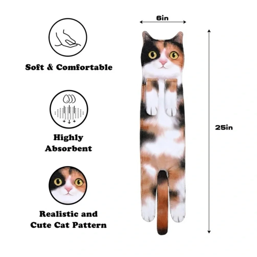 Cat Hand Towel Funny Calico Cat Lover Kitchen Bathroom Hanging New Gift Fun